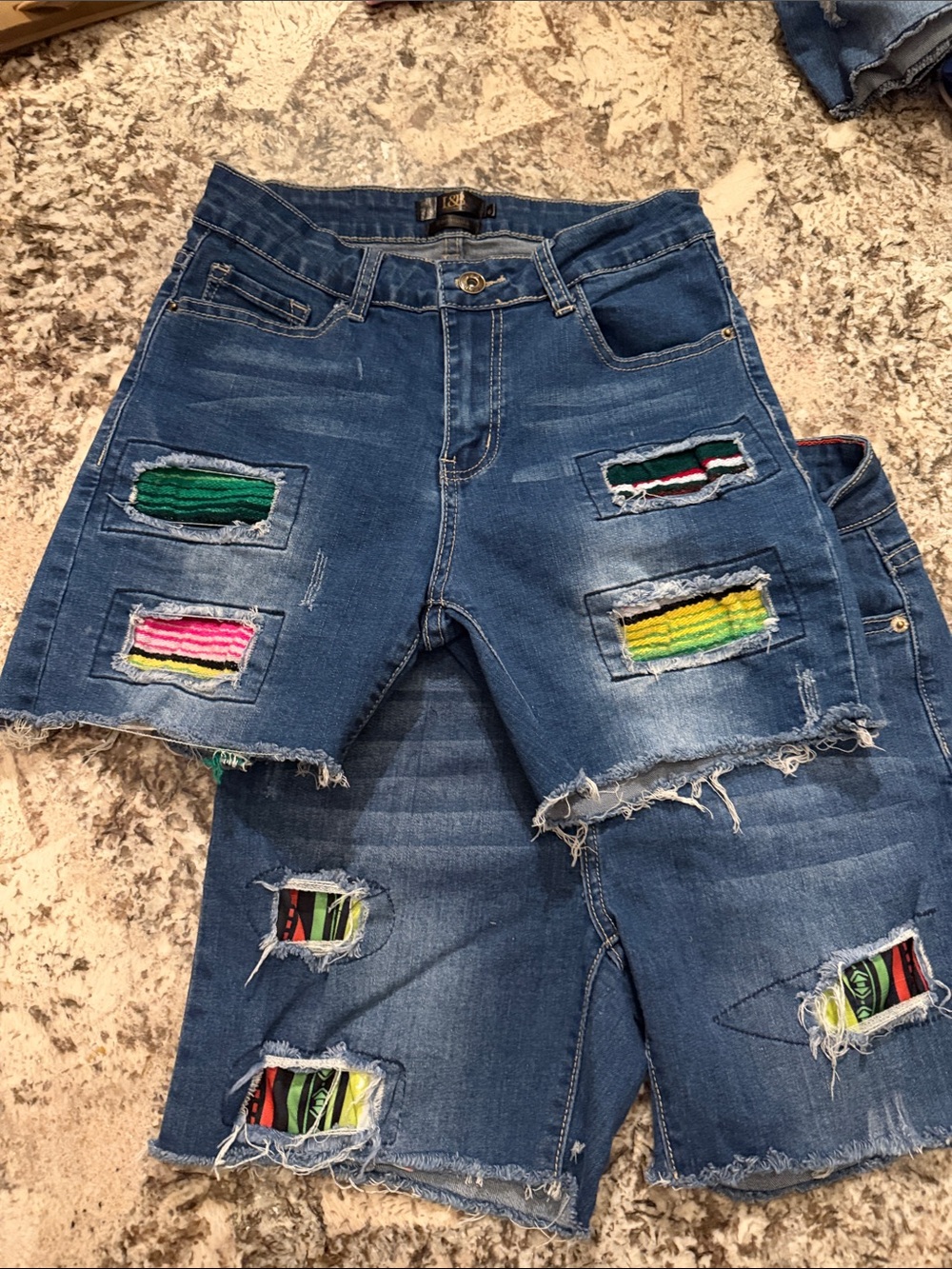 Set of 2 - L&B Blue Distressed Jean Shorts with Serape Patches